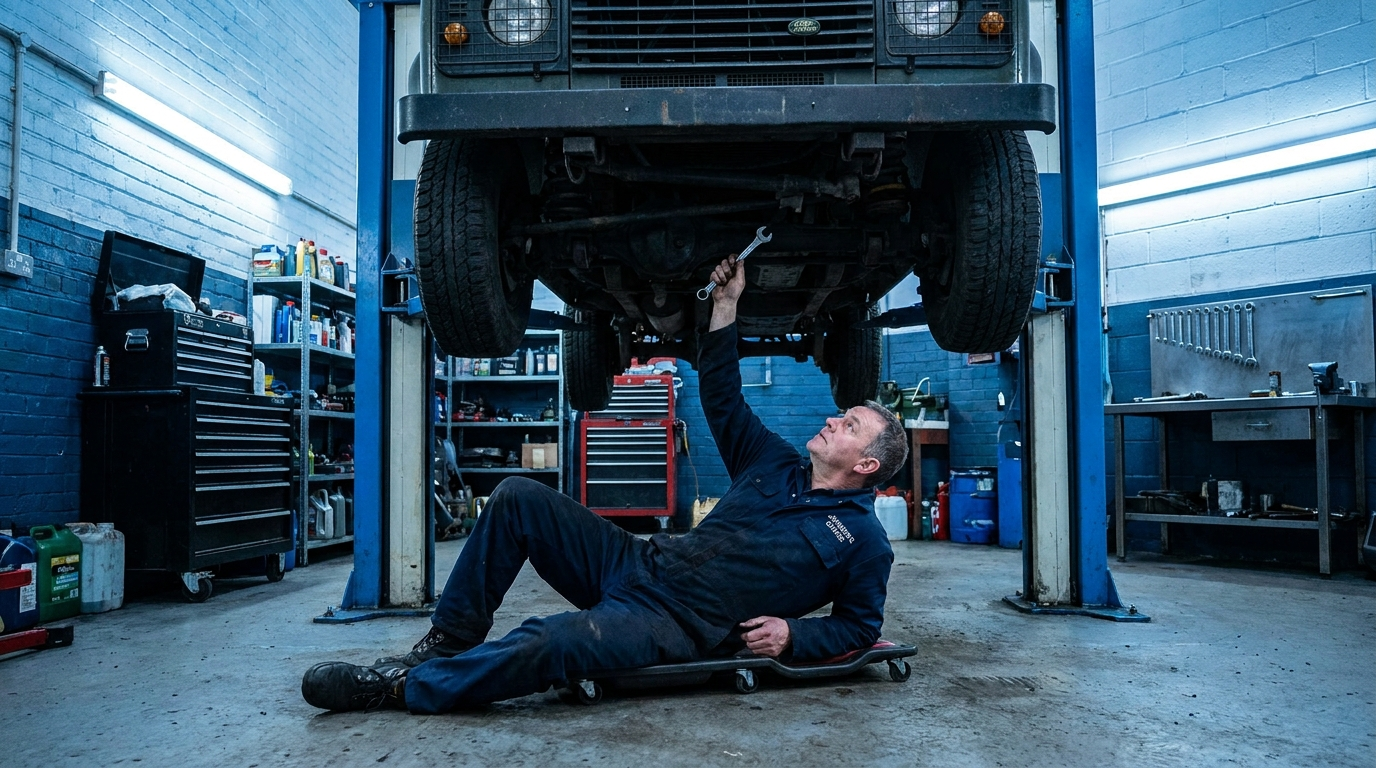 Mechanic working underneath a car raised on a ramp at R. Taylor Workshop in Potters Bar