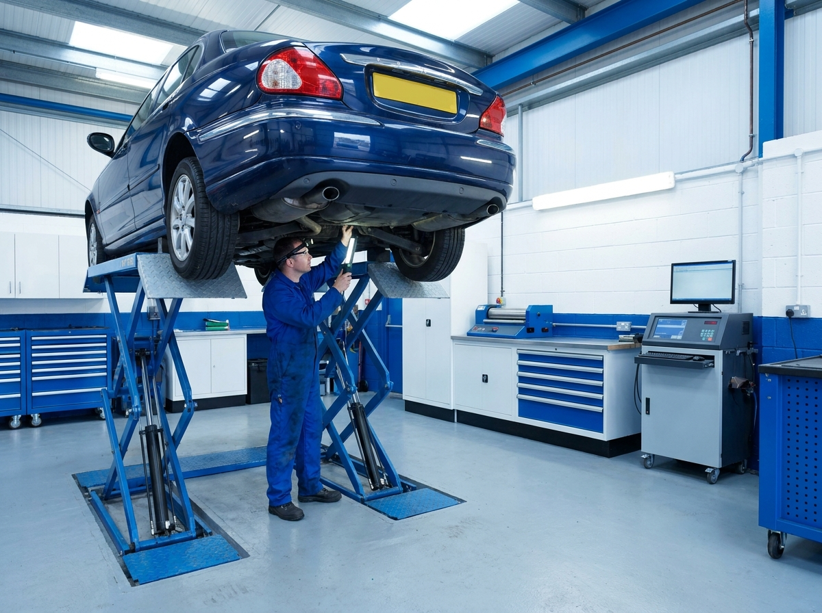Car on an MOT test ramp being inspected