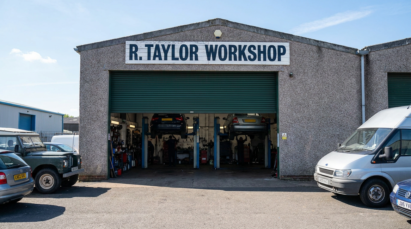 R. Taylor Workshop exterior on Cranbourne Industrial Estate, Potters Bar, with cars on ramps inside